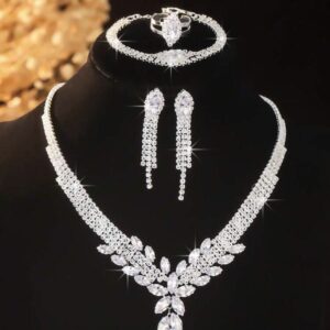 5pcs Cubic Zirconia Leaf & Tassel Necklace Earrings Bracelet Ring Set
